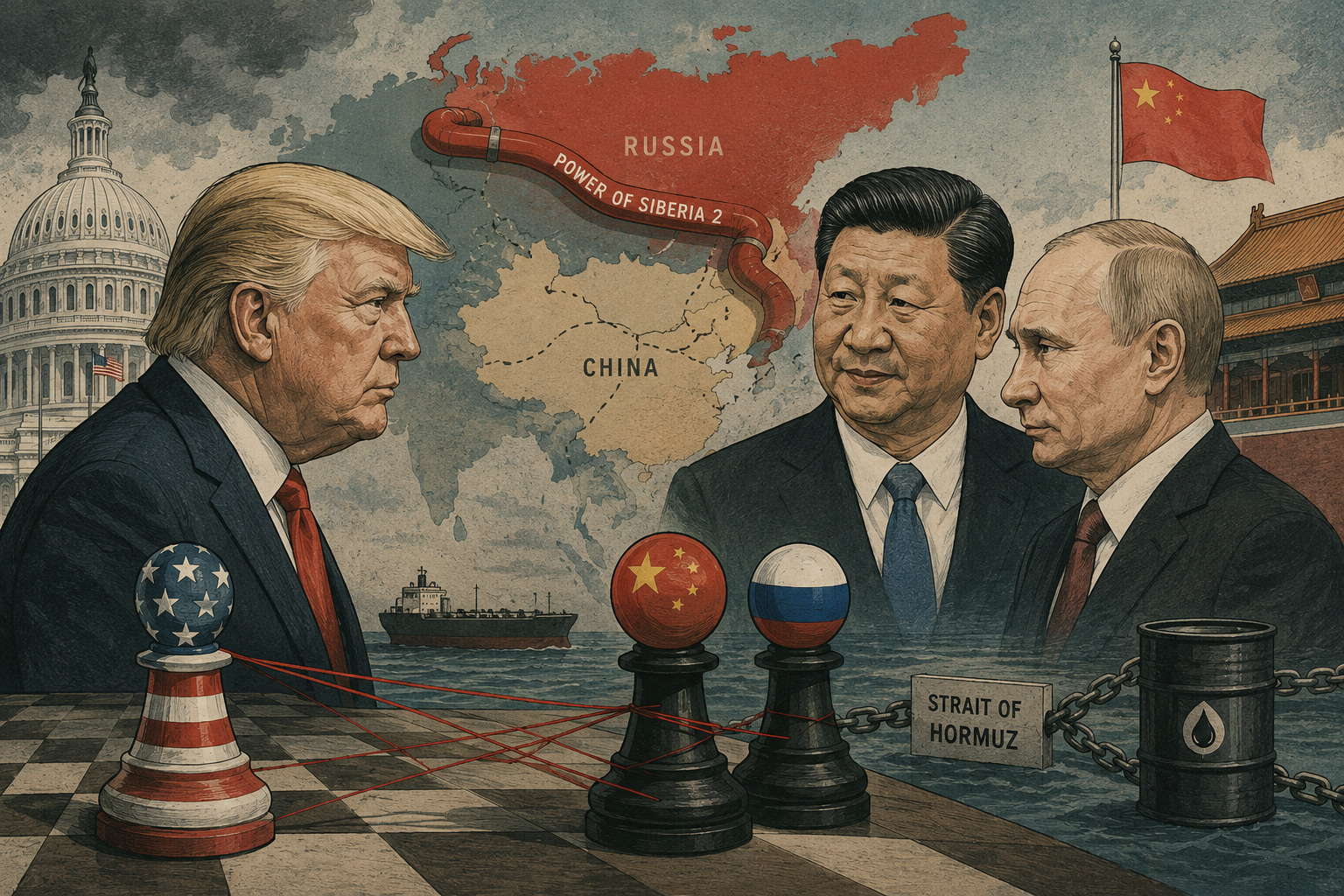 En la imagen: Trump, Xi y Putin. Frente a ellos un tablero de ajedrez con peones que llevan las banderas de los respectivos países. Al fondo el mapa de Eurasia y las sedes políticas de cada potencia.