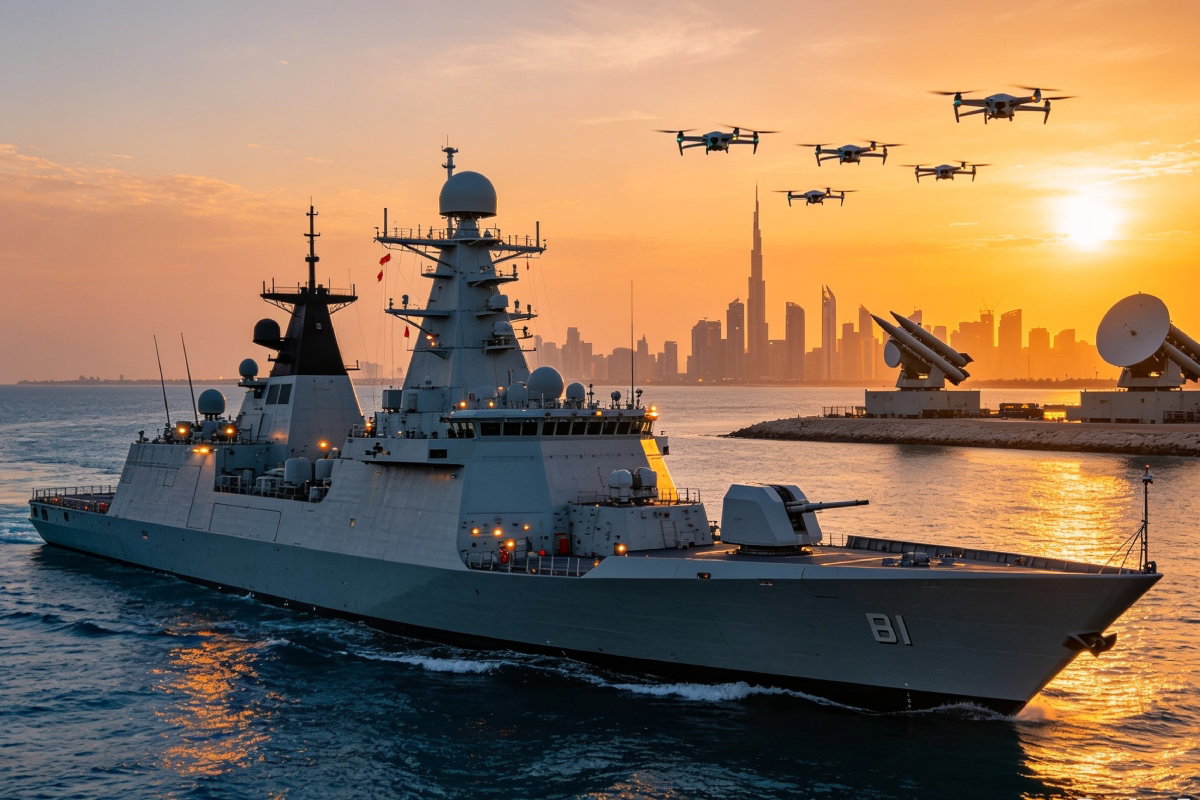 Barco de guerra surcando el Golfo como una señal del poder militar de los EAU. Drones y tecnología de vanguardia lo acompañan en un atardecer.