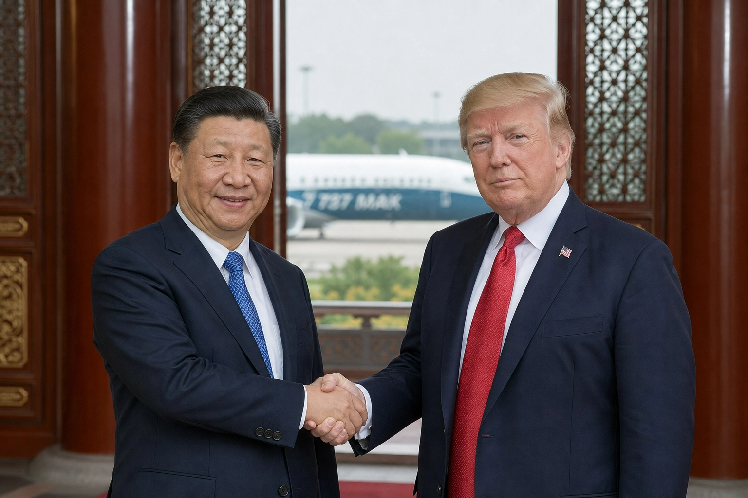 imagen que muestra a los presidentes Xi Jinping y Donald Trump estrechando manos en un entorno formal en Zhongnanhai, con un Boeing 737 MAX visible y desenfocado al fondo, capturando un momento de diplomacia internacional de alto nivel.