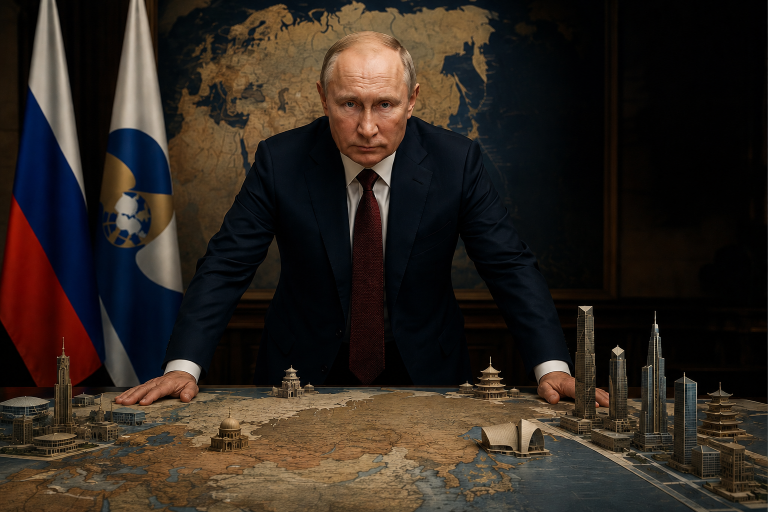 Ilustración hiperrealista que presenta al presidente ruso, Vladimir Putin, como el arquitecto del "nuevo orden" euroasiático, en su despacho.
