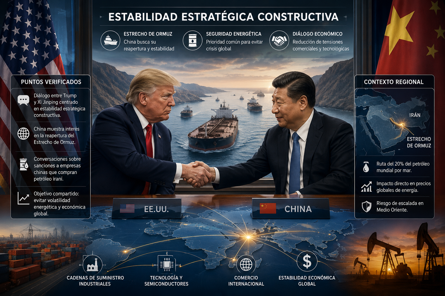 Trump y Xi Jinping estrechan manos frente al Estrecho de Ormuz y rutas petroleras, simbolizando la coordinación estratégica entre EE.UU. y China por estabilidad energética y comercial global.