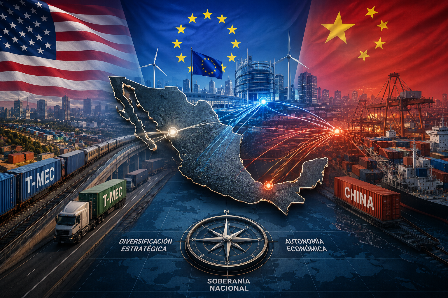 México aparece al centro de la disputa geoeconómica entre Estados Unidos, Unión Europea y China, simbolizando el TLCUEM, el T-MEC y la competencia global por influencia industrial y estratégica.
