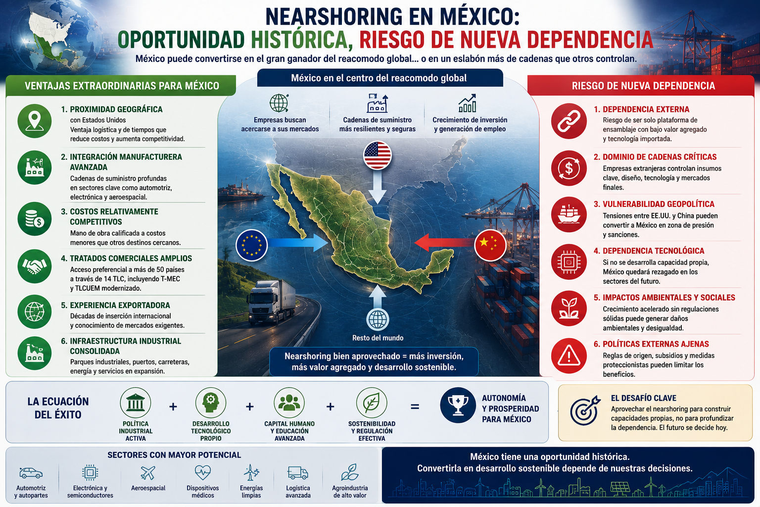 Infografía que ilustra la oportunidad histórica de México, pero al mismo tiempo un riesgo de nueva dependencia.