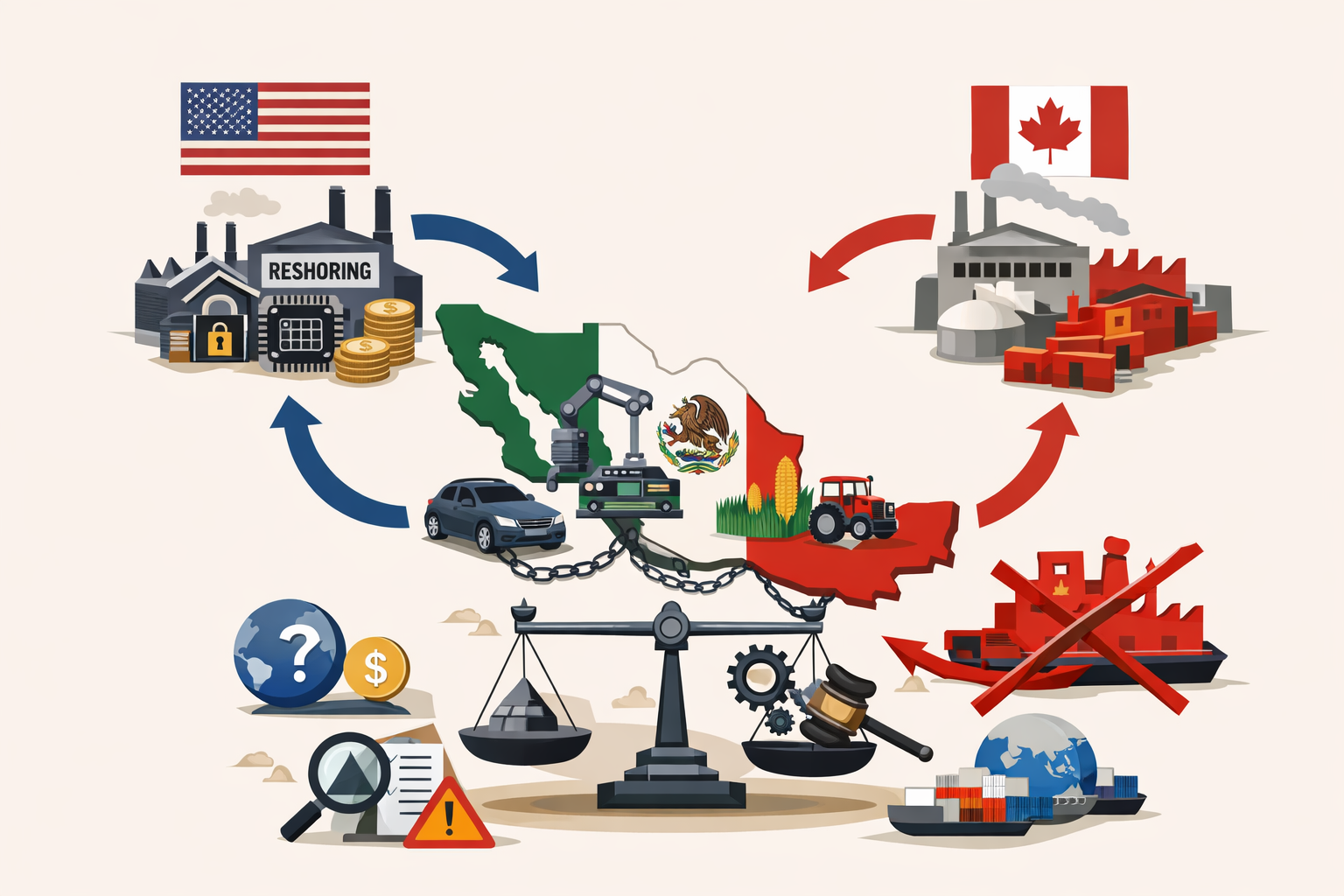 La infografía conceptual sobre El T‑MEC. México como eje central rodeado por flujos comerciales y tensiones estratégicas.