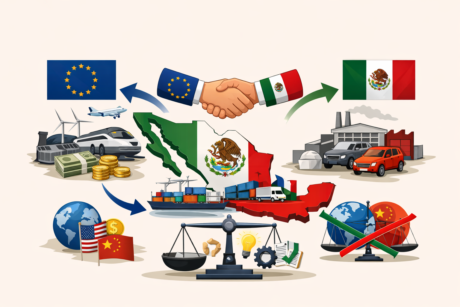 Infografía conceptual en formato 3:2 sobre el Tratado de Libre Comercio entre la Unión Europea y México. La autonomía estratégica y el equilibrio geopolítico entre México y Europa.