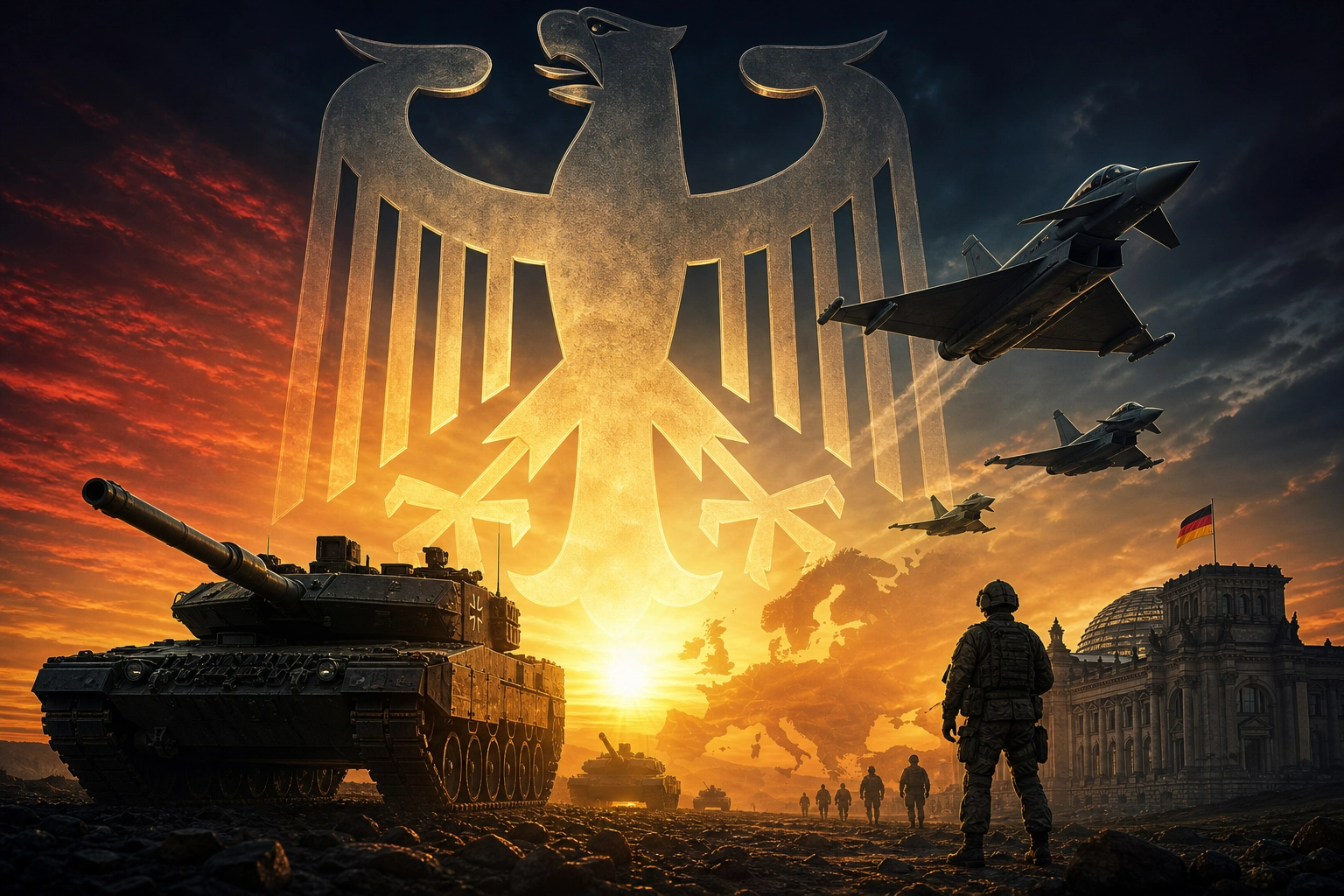 Imagen cinematográfica que ilustra el fin de la ambigüedad y el retorno de Alemania como potencia militar en Europa. Elementos icónicos como el águila federal, tecnología militar moderna y un amanecer simbólico sobre el continente, reflejando fuerza y un nuevo propósito estratégico.