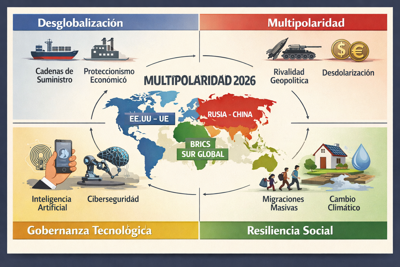 Mapa visual conceptual que sintetiza los cuatro ejes del diagnóstico: desglobalización, multipolaridad, gobernanza tecnológica y resiliencia social.