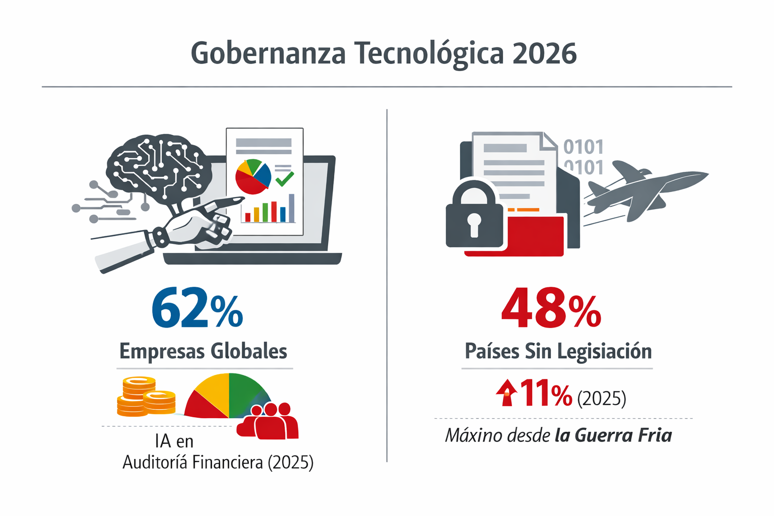 Infografía conceptual 3:2, estilo minimalista, sobre gobernanza tecnológica 2026, que resume la rápida adopción de IA frente a la falta de marcos regulatorios.