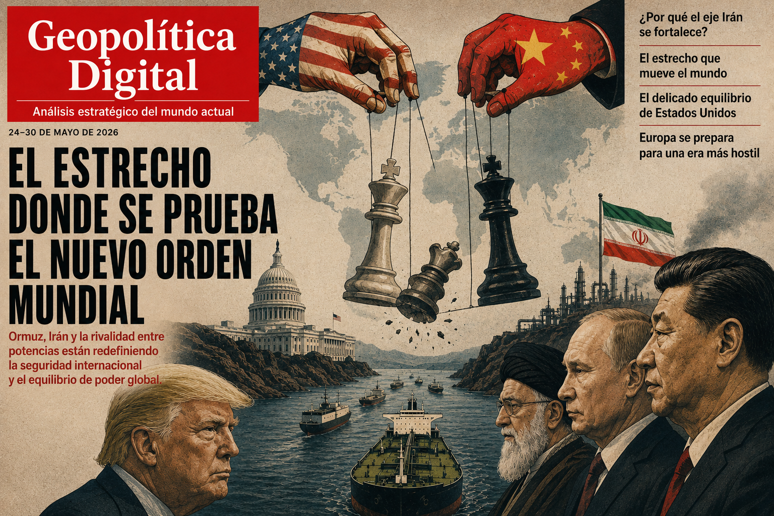 Portada estilo revista geopolítica: Trump, Xi, Putin e Irán frente al Estrecho de Ormuz, mientras petroleros y piezas de ajedrez simbolizan la disputa por el nuevo orden mundial.