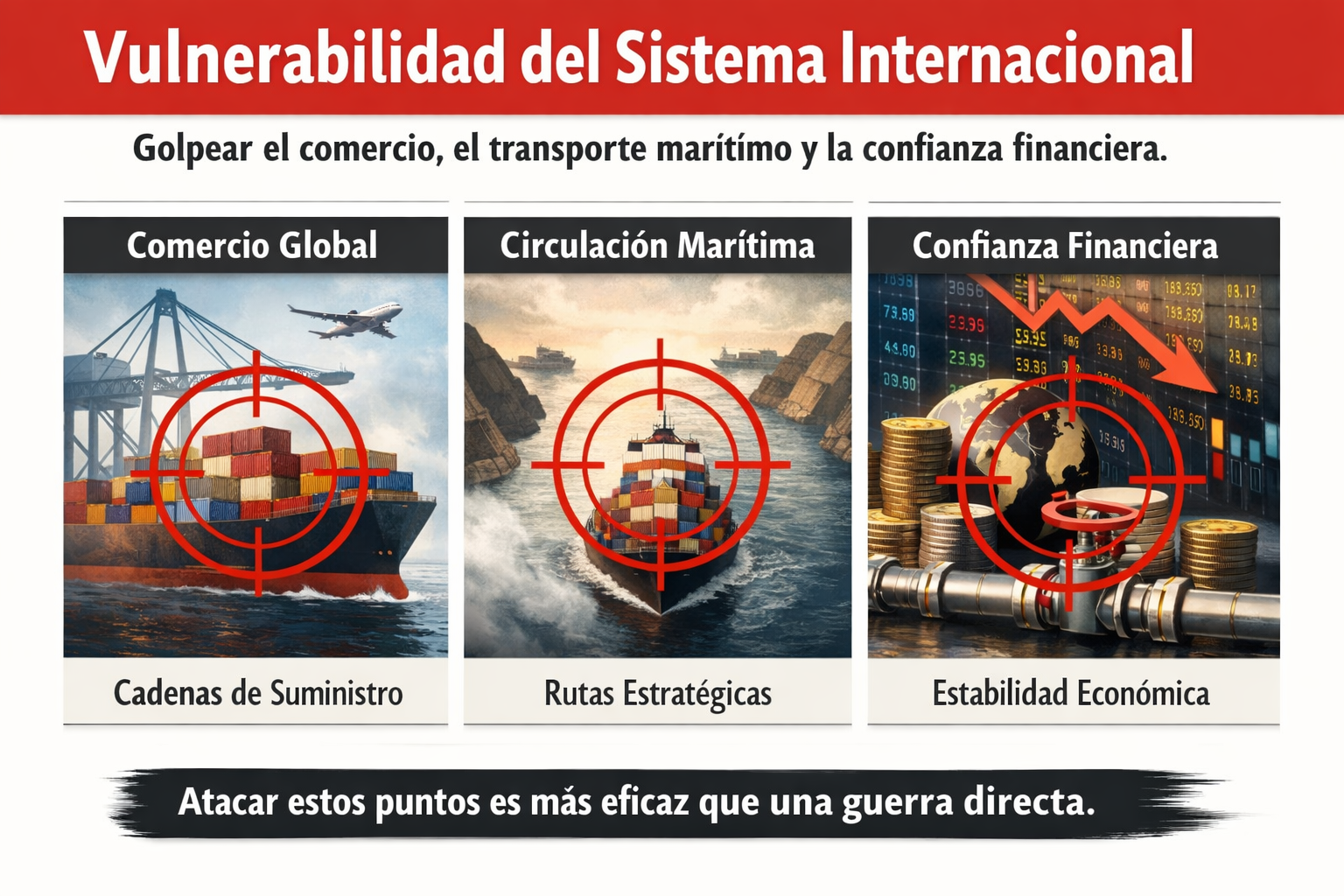 Infografía conceptual en estilo minimalista, que sintetiza el contexto de una guerra no para conquistar territorios, sino para erosionar estabilidad.