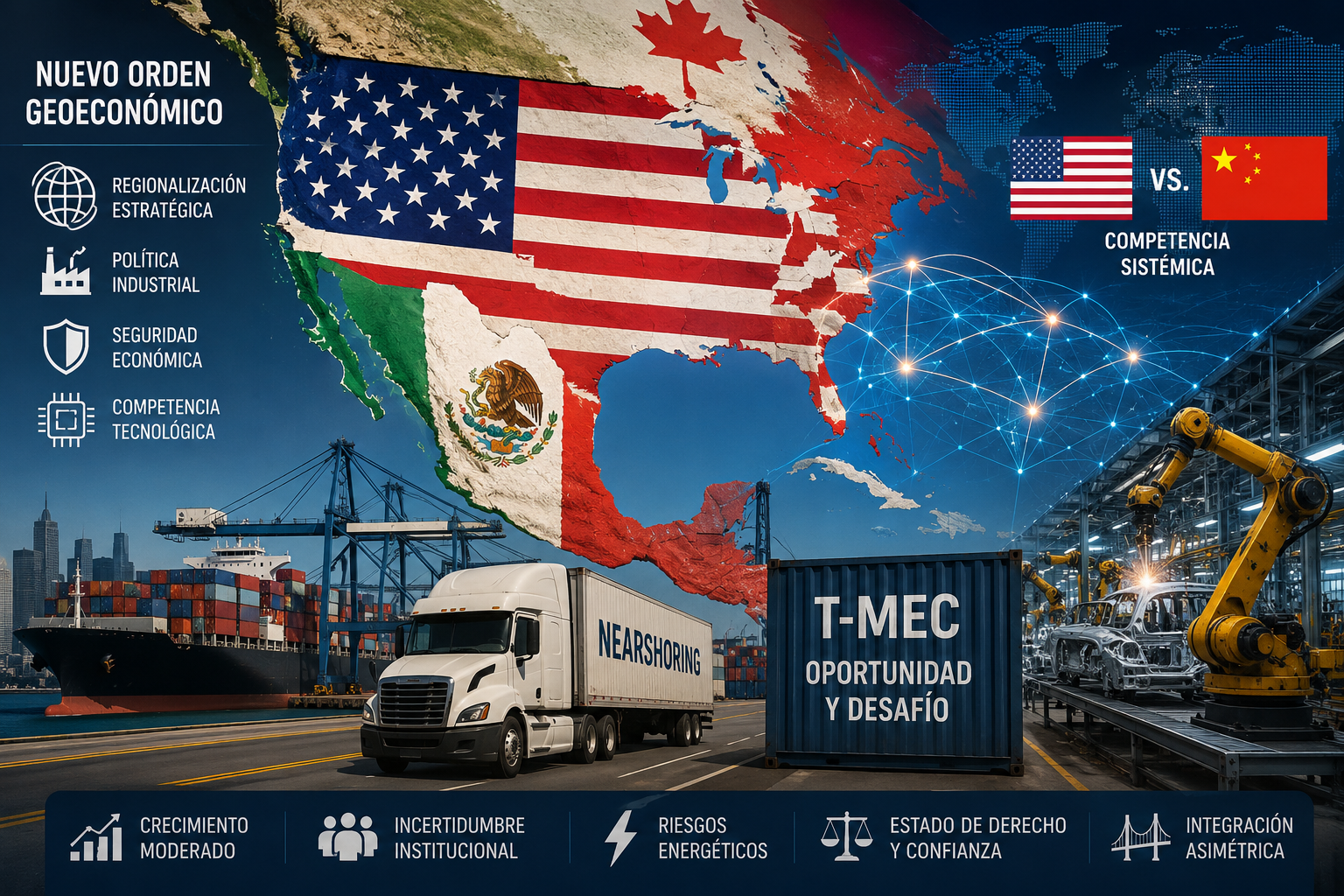 Mapa geoeconómico de Norteamérica con EE.UU., México y Canadá integrados por comercio, nearshoring e industria, en medio de la competencia estratégica entre Washington y China.