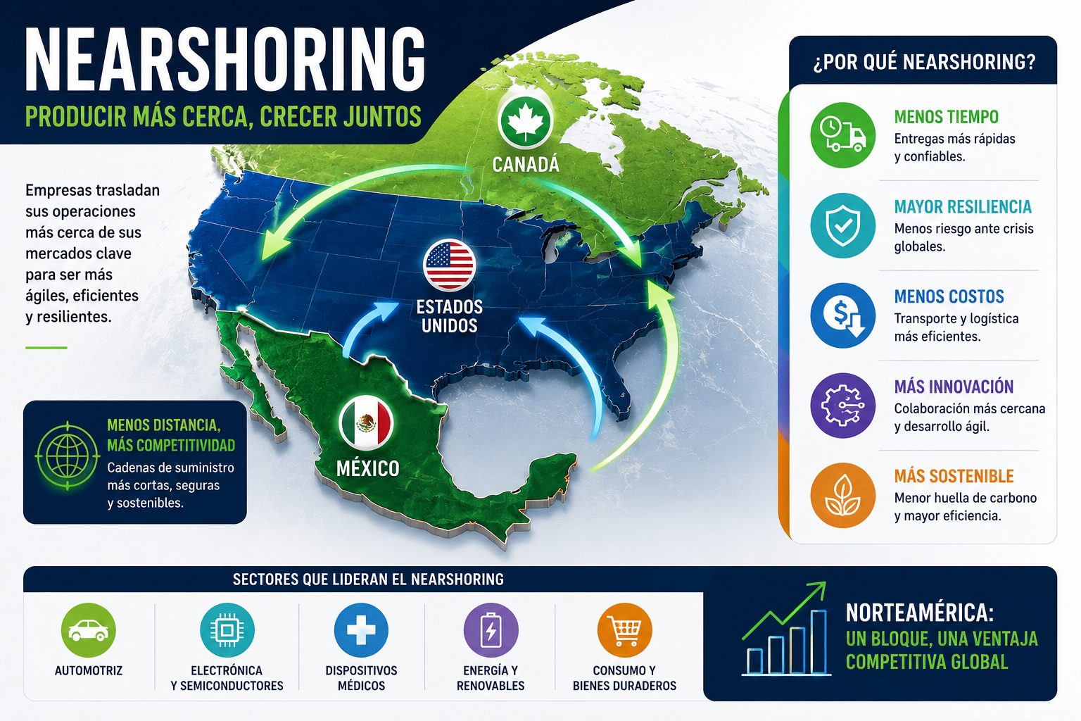 Infografía que ilustra el mecanismo del nearshoring entre México, Estados Unidos y Canadá. Se observa el mapa de Norteamérica con líneas de flujo y descripción esquemática.