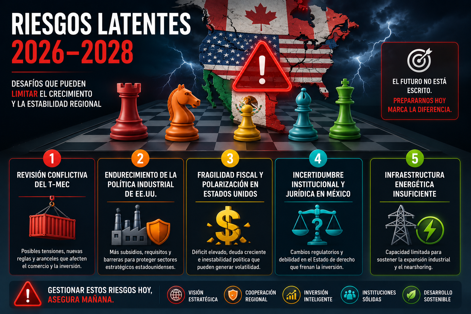 La infografía ilustra cómo de no atender hoy, los riesgos latentes para lograr el crecimiento y la estabilidad regional, el futuro podría no ser tan benigno para México. Piezas de ajedrez y el mapa de Norteamérica complementan el diseño de la imagen.