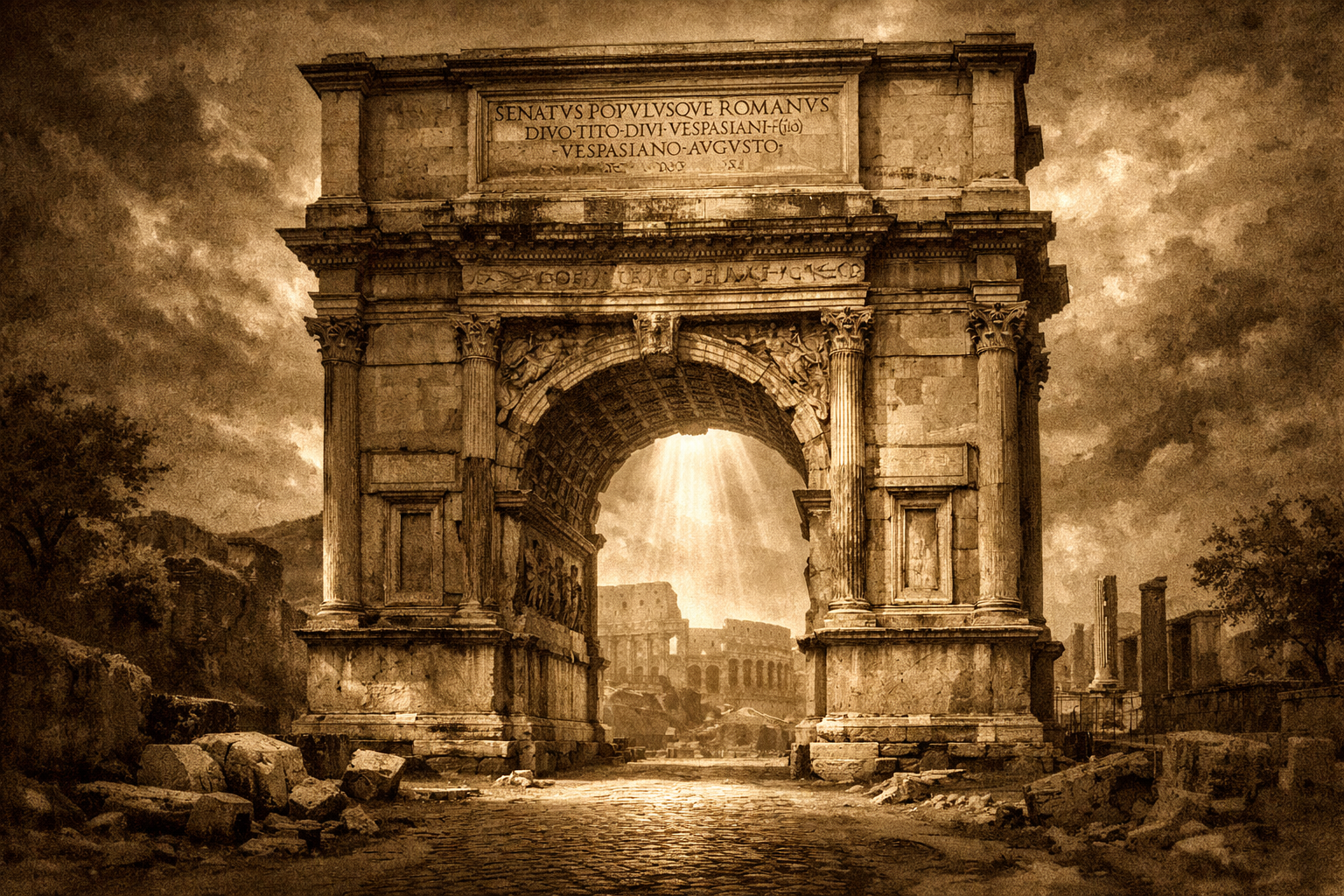Ilustración editorial del Arco de Tito en mármol sepia, con luz dramática que resalta su simbolismo de gloria efímera y destino estoico.