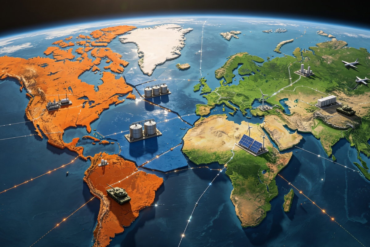 Mapa mundial que ilustra la fragmentación económica y geopolítica de 2026. Bloques regionales diferenciados, rutas comerciales conectadas a infraestructuras energéticas, tecnológicas y militares. Representación visual del paso de la eficiencia a la seguridad como eje del comercio global.