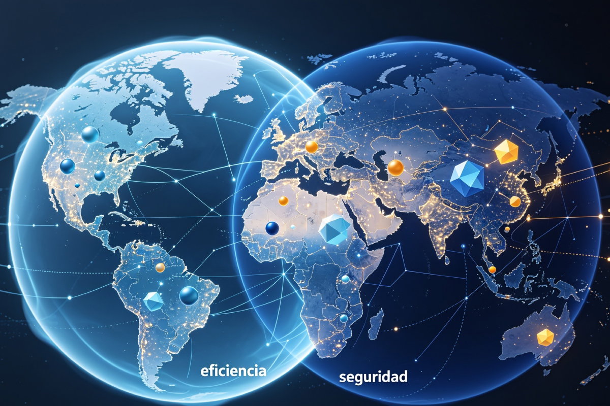 Dos globos terráqueos interconectados: uno representa la eficiencia económica y el otro la seguridad geopolítica. Ilustra el cambio de paradigma de la geoeconomía 2026, donde el comercio global se reestructura priorizando la estabilidad estratégica sobre el menor costo.