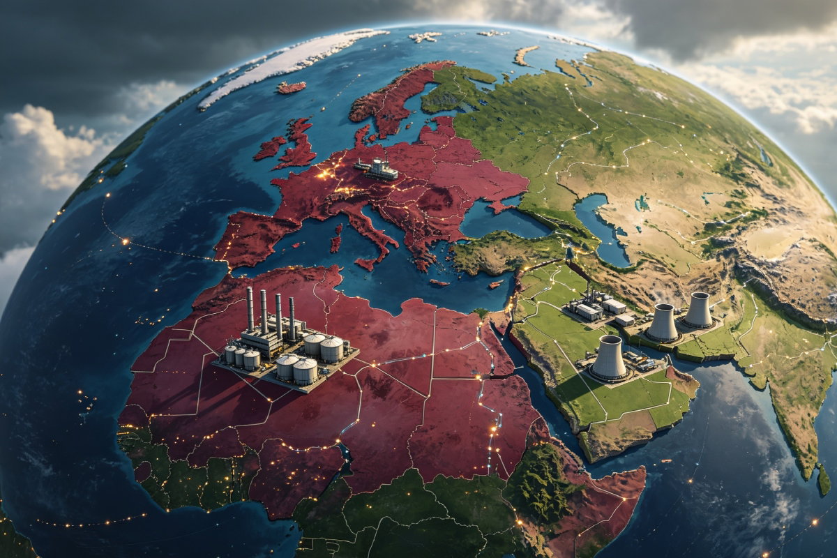Mapa global que muestra la división de bloques geopolíticos en 2026, con infraestructuras industriales, energéticas y rutas comerciales marcadas. Representa la reconfiguración económica mundial, donde la seguridad y la autonomía estratégica definen las relaciones y el nuevo orden comercial.