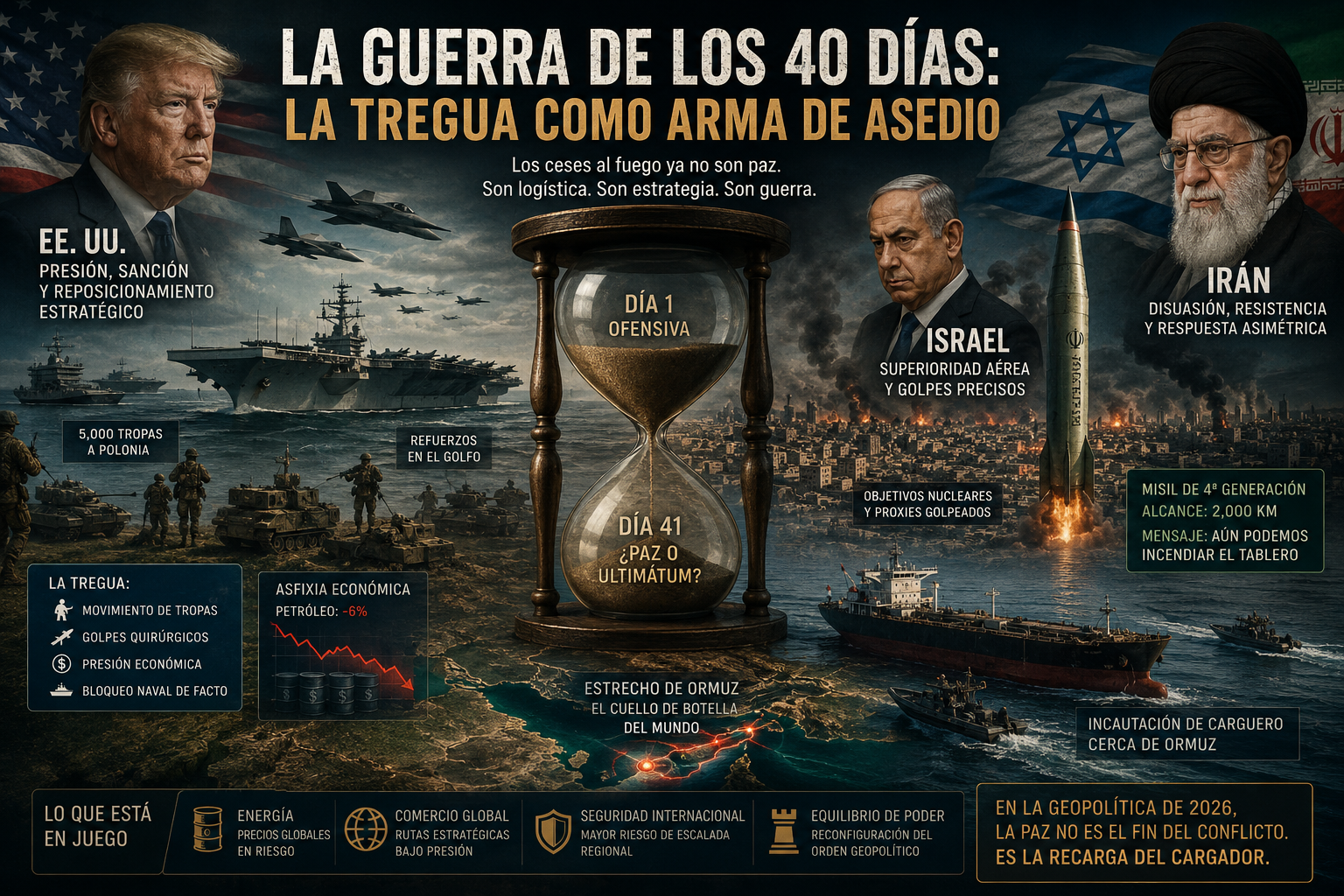Ilustración geopolítica de EE.UU., Israel e Irán durante la “Guerra de los 40 Días”, con relojes de arena, misiles, buques y tropas simbolizando treguas usadas como estrategia militar.