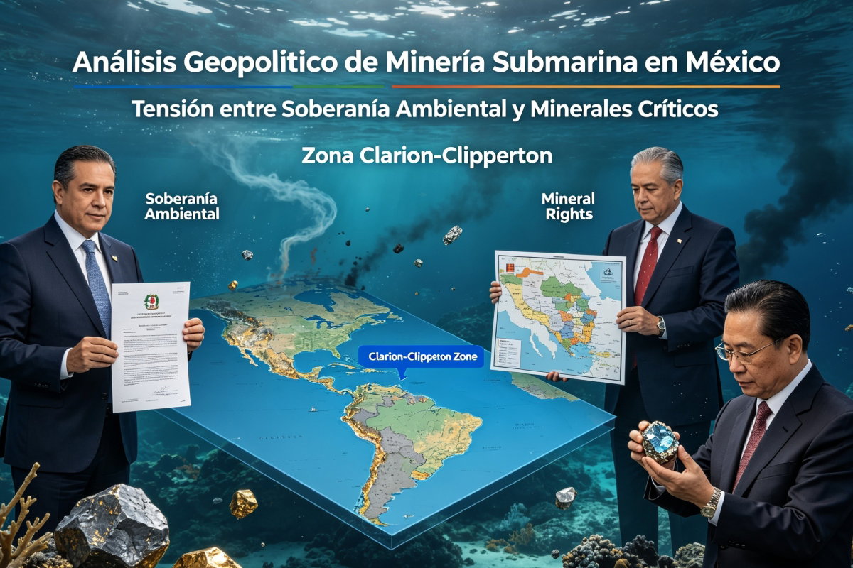 Infografía que presenta un escenario submarino con mapa de América y zona Clarion-Clipperton. Figuras representan soberanía ambiental, derechos mineros y competencia por minerales críticos, reflejando tensiones geopolíticas, tecnológicas y de seguridad entre potencias y México.