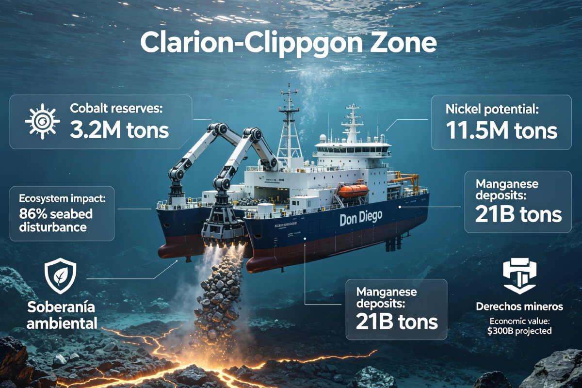 Infografía caso Don Diego: buque minero en el fondo marino, datos clave de reservas de cobalto, níquel y manganeso, impacto ecológico y valor económico. Destaca el contraste entre soberanía ambiental y derechos mineros en la zona Clarion-Clipperton.