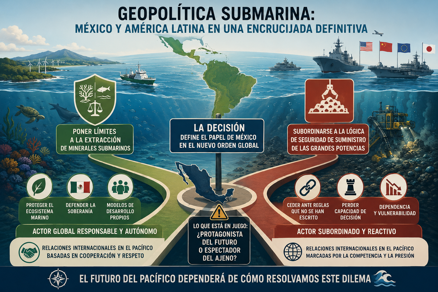 Infografía que explica la importancia de controlar los recursos marinos. Mapa de México como fuente principal y de Latinoamérica; teniendo como fondo la riqueza submarina. 