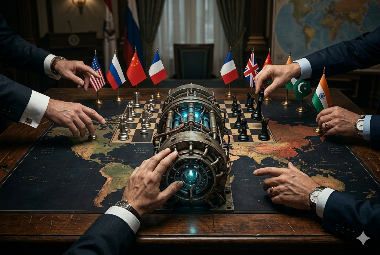 Partida de ajedrez geopolítica. Cuatro manos trajeadas sobre una mesa de madera con mapamundi integrado. Fichas de ajedrez sobre una rejilla central con un dispositivo steampunk azul brillante. Banderas de países (EE. UU., Rusia, China, Francia, Reino Unido, Pakistán e India) rodean la escena.
