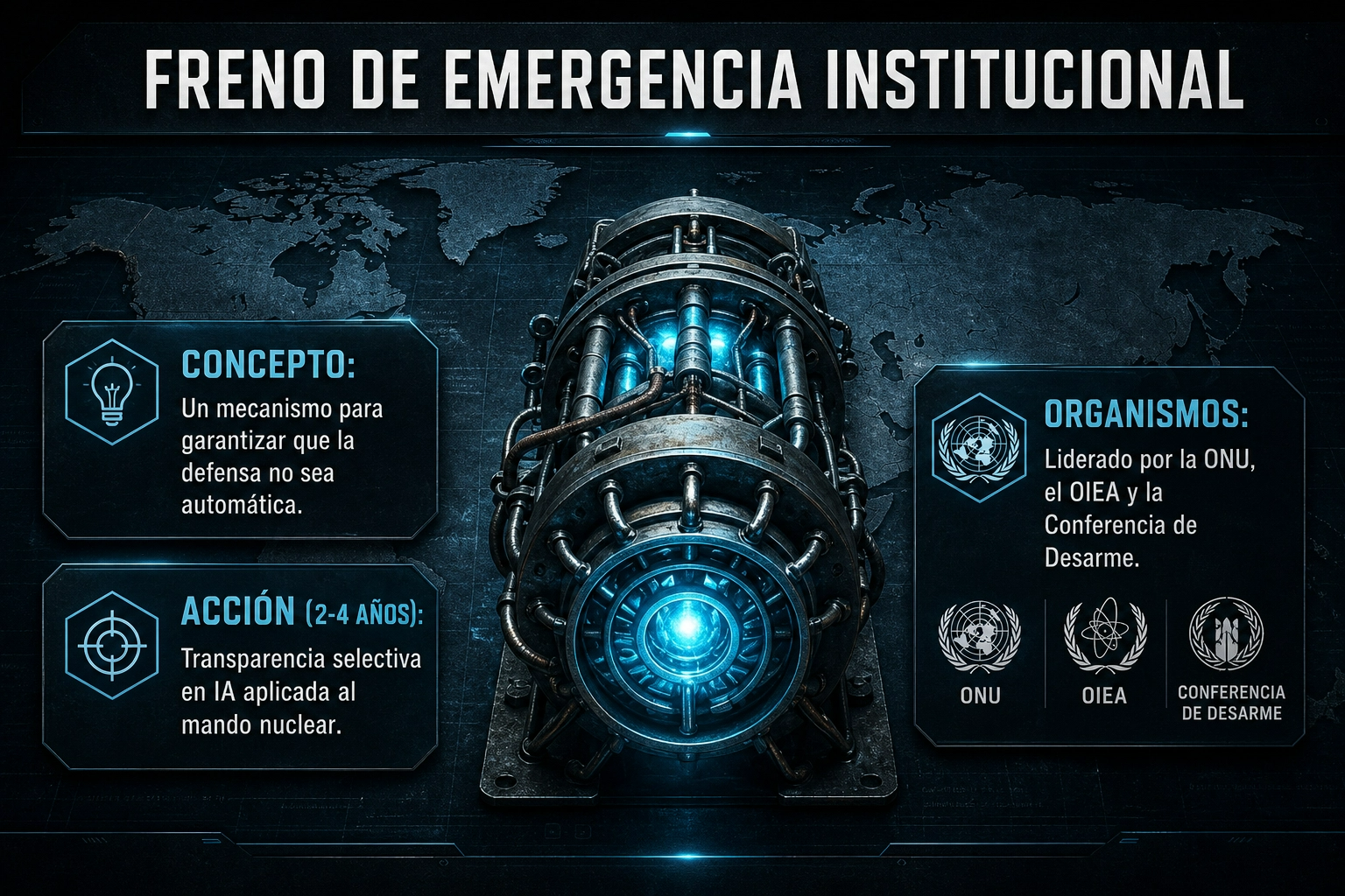 Freno de Emergencia Institucional. Ilustra un mecanismo de seguridad para IA nuclear, proponiendo transparencia selectiva liderada por la ONU y el OIEA en 2-4 años.