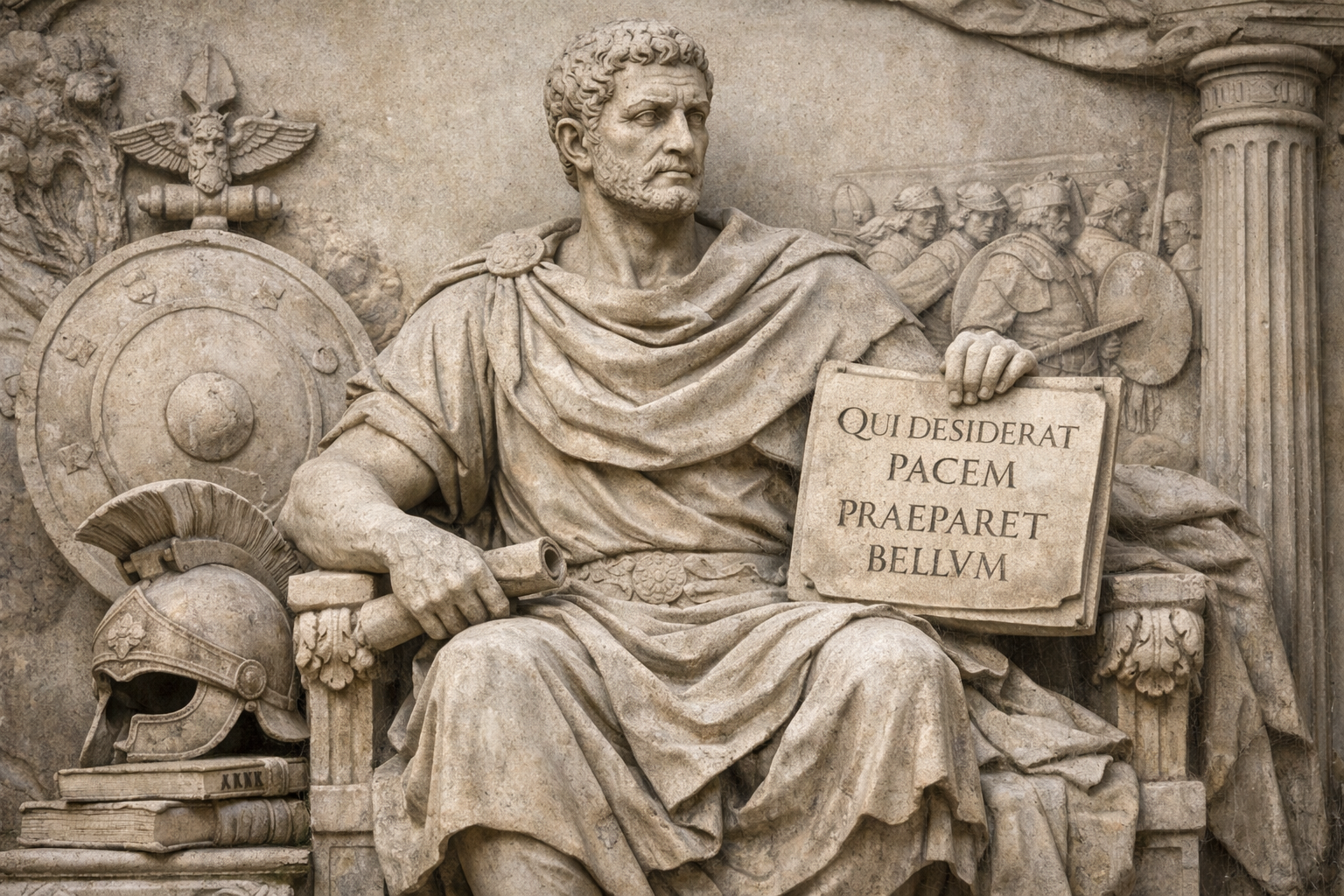 Escultura representando a Vegetio con estilo clásico en mármol, como legislador militar romano, sentado con toga y tablilla en mano donde se lee “Qui desiderat pacem, praeparet bellum”. A sus pies descansan un casco, libros y una espada envainada, mientras detrás se insinúa un friso con soldados en formación.