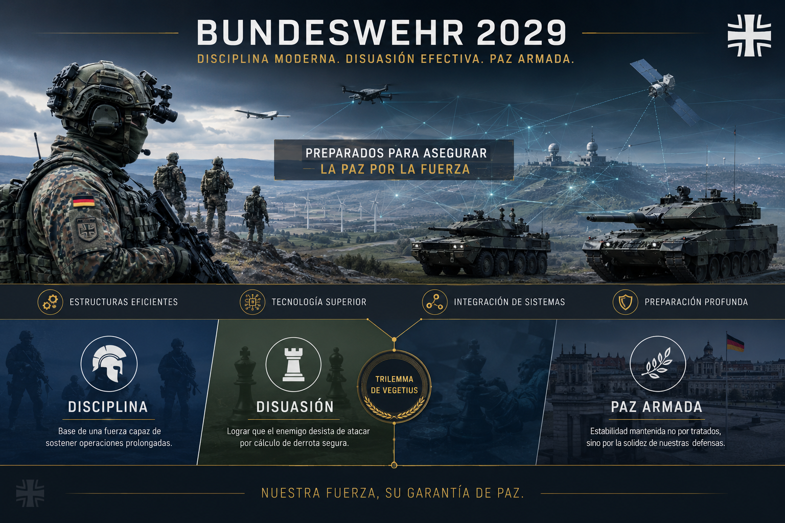 Infografía futurista del Bundeswehr 2029 con soldados, drones y tanques conectados en red. Resume disciplina, disuasión y paz armada como pilares de una defensa moderna, tecnológica y estoica.