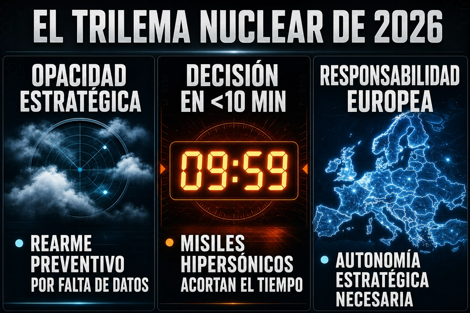 Infografía del Trilema Nuclear 2026: Paneles sobre opacidad estratégica, cuenta regresiva de 10 min con misil hipersónico y mapa de Europa iluminado destacando su propia responsabilidad defensiva.