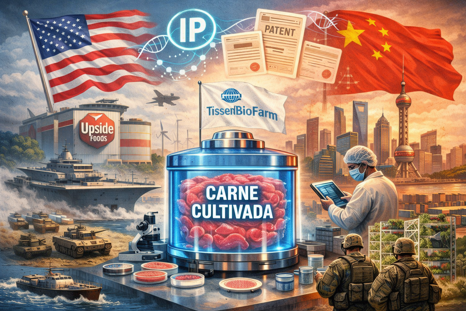 Composición conceptual que refleja soberanía alimentaria, poder militar, ecosistema de patentes, transición de la tierra al algoritmo y doctrina de la Kriegstüchtigkeit.