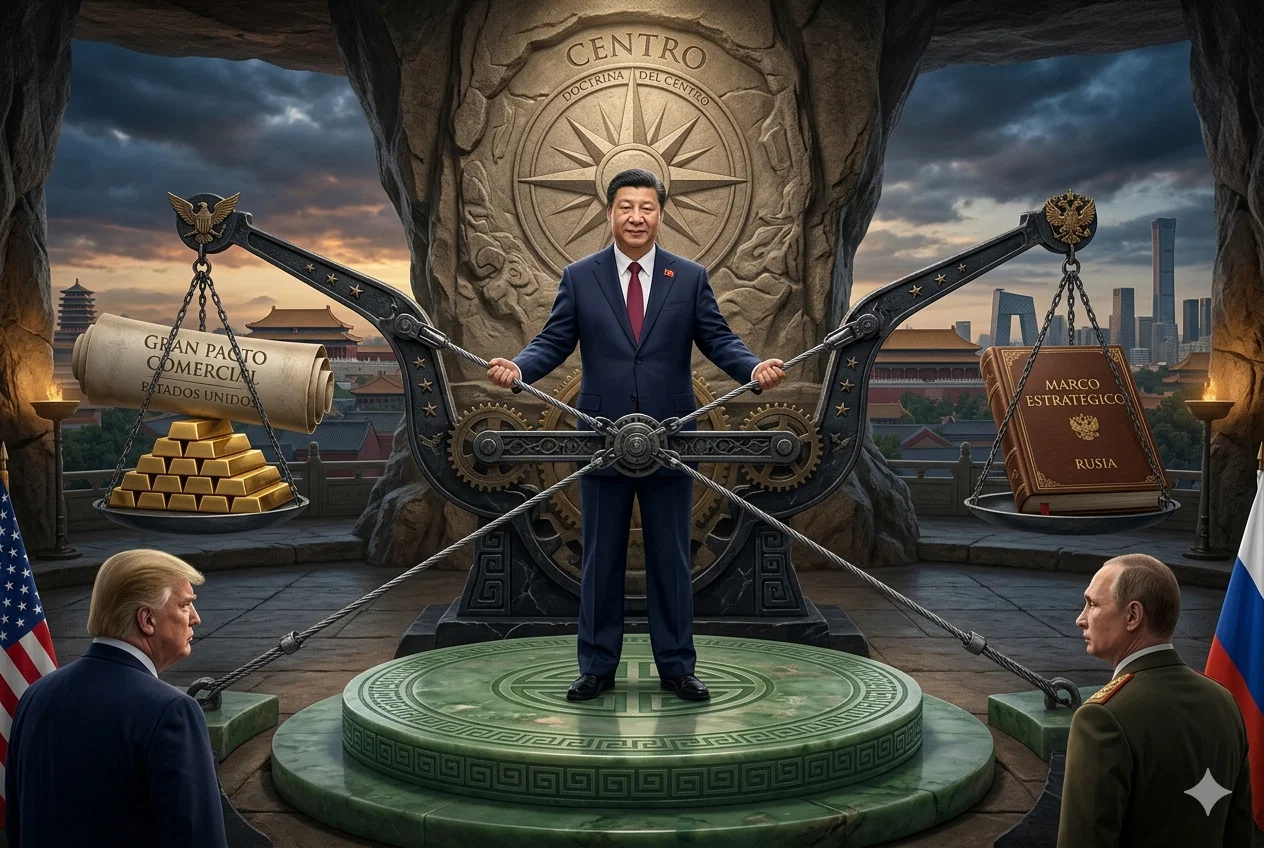 Xi Jimping al centro, Trump a la izquierda y Putin a la derecha. Xi parece sostener la balanza del equilibrio geopolítico.