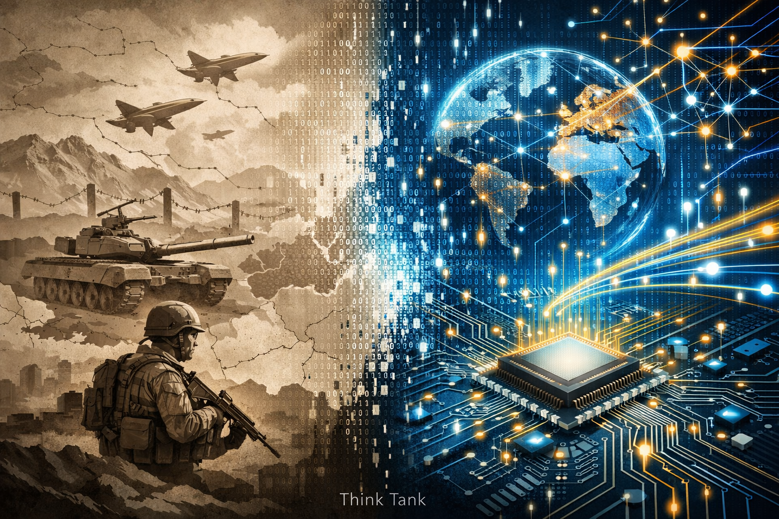 Ilustración dividida entre poder físico y digital: soldados y tanques en sepia frente a circuitos y flujos de datos en azul brillante.