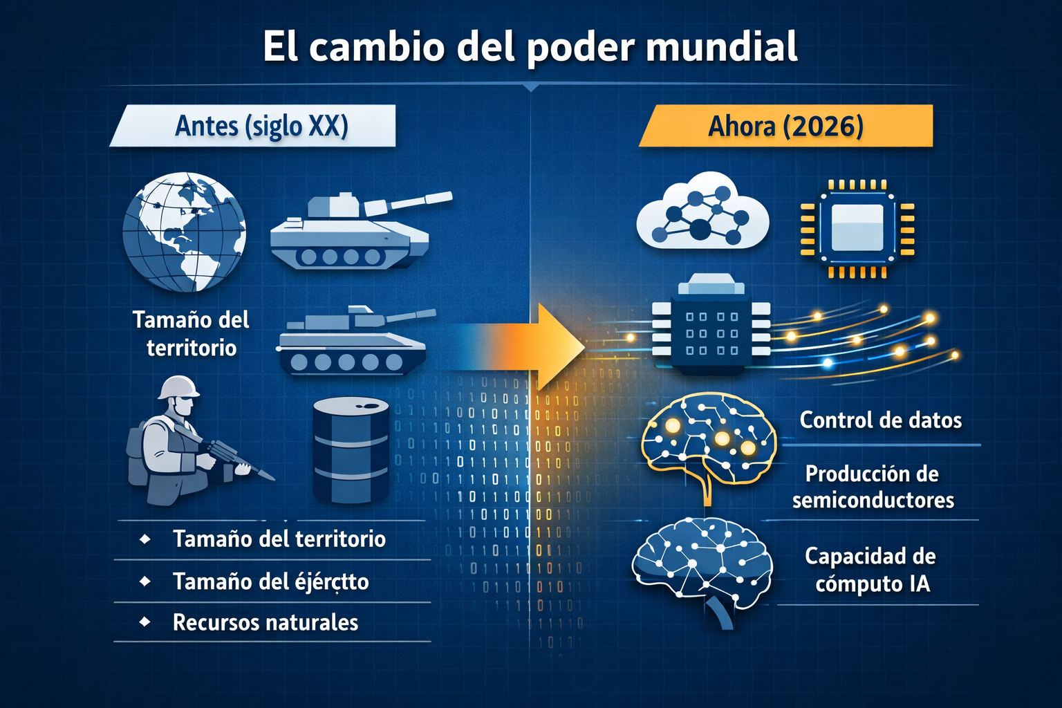 Infografía comparativa El cambio del poder mundial: símbolos del poder físico del siglo XX frente al poder digital de 2026.