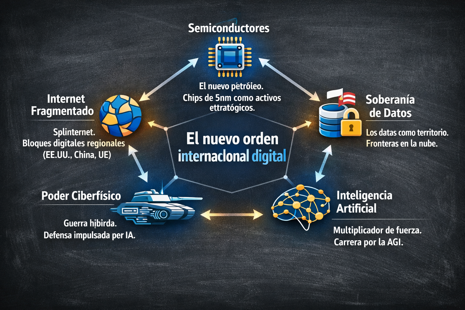 Infografía pentagonal "El nuevo orden internacional digital": cinco nodos interconectados sobre poder tecnológico global.