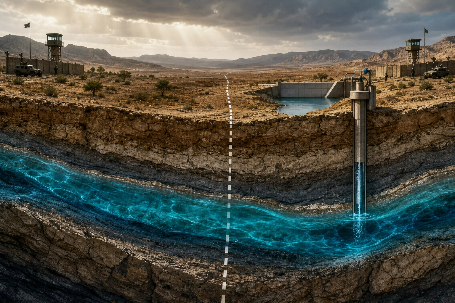 Imagen muestra el corte transversal del terreno con la frontera política marcada en la superficie y el acuífero de color azul turquesa fluyendo por debajo sin restricciones.