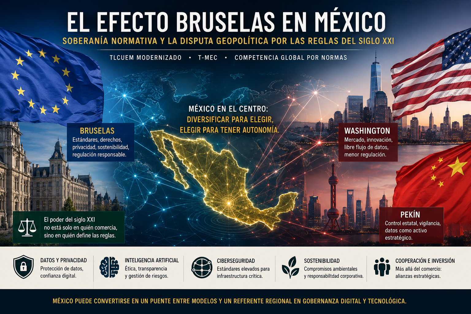 México entre Bruselas, Washington y Pekín: disputa geopolítica por normas digitales, soberanía y poder regulatorio.