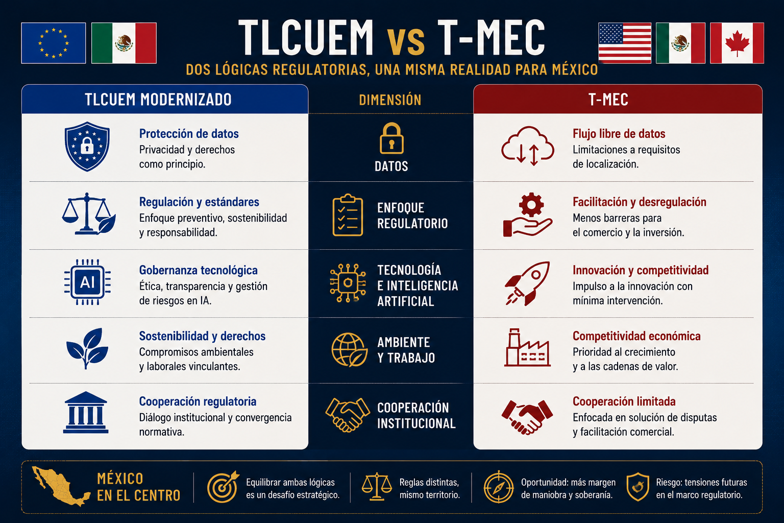 Infografía comparativa entre TLCUEM y T-MEC: regulación europea frente a libre mercado norteamericano y el dilema estratégico mexicano.