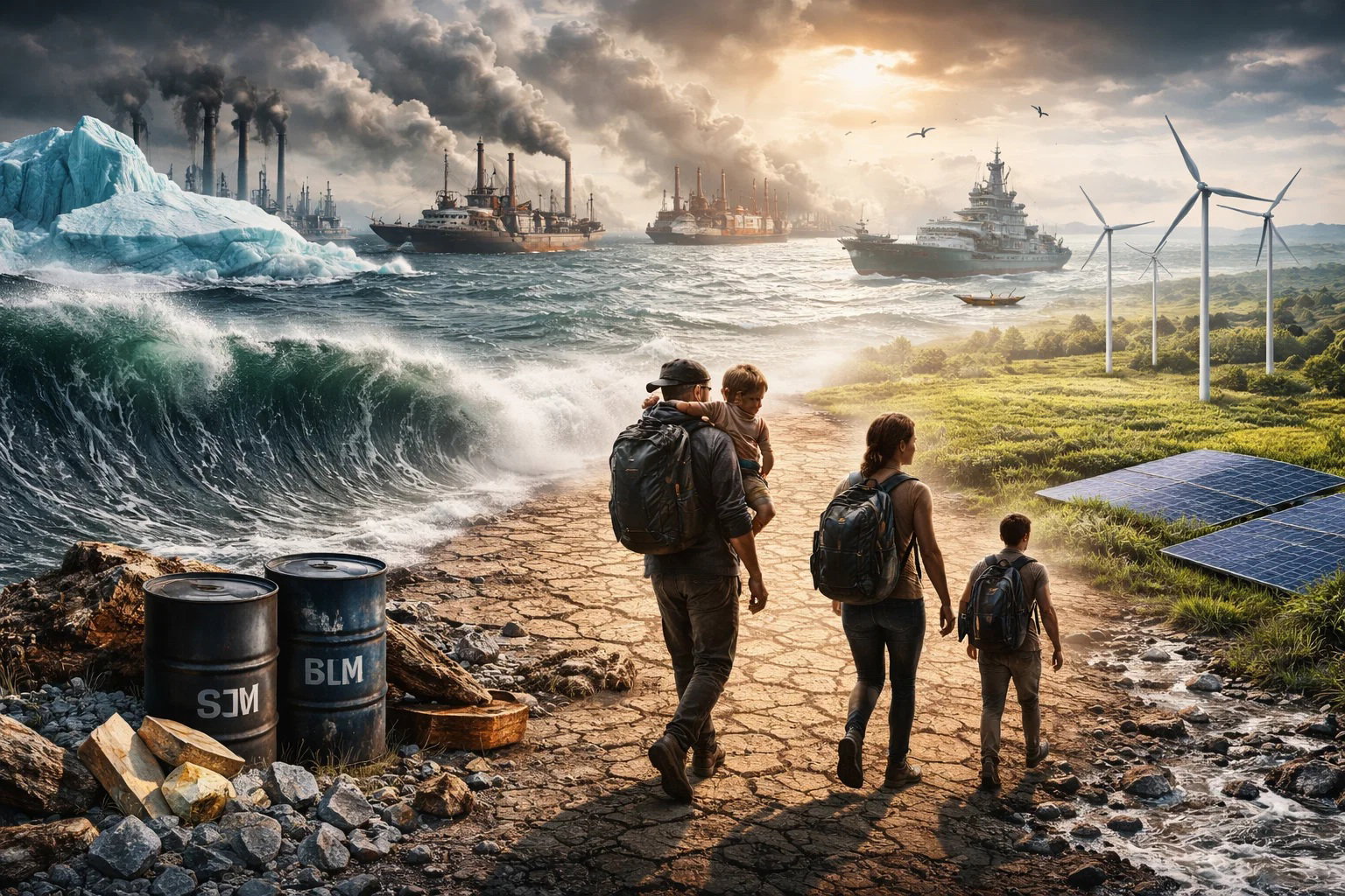 Imagen de una familia migrando por un suelo seco y quebradizo. Como fondo, un mar embravecido, barcos y un iceberg. A los lados toneles de petróleo y paneles solares. 