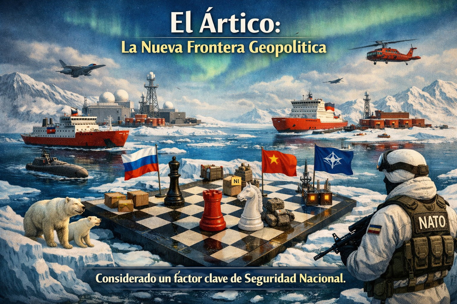 Un tablero de ajedrez sobre el hielo ártico con las banderas de Rusia, China y la OTAN. Barcos, aeronaves, un oso polar y un soldado de la OTAN como contexto.