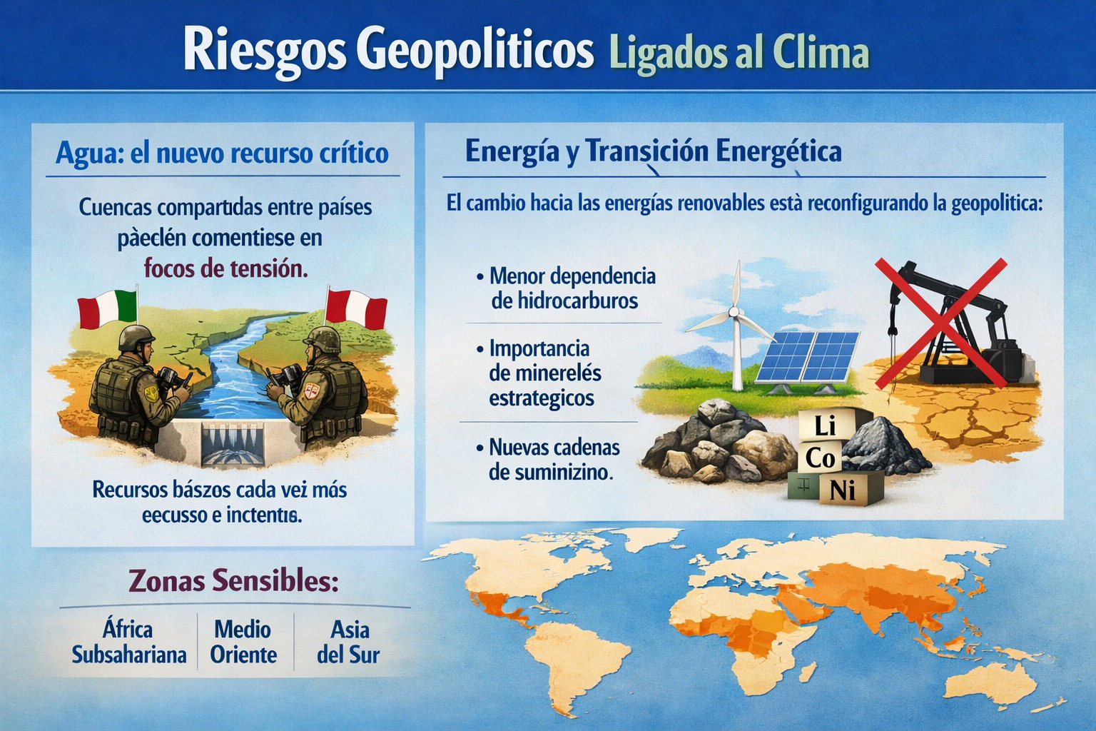 Infografía que presenta el agua, la energía y las zonas sensibles del planeta como riesgos geopolíticos ligados al clima.