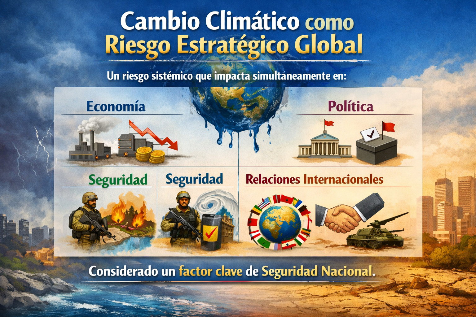 Infografía que describe como el cambio climático puede ser considerado como un factor clave de seguridad nacional.