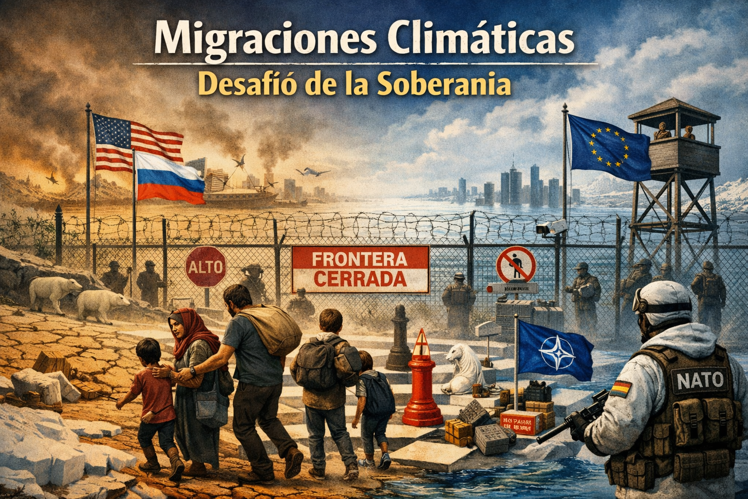 Ilustración que simboliza la seguridad climática como centro neurálgico de la economía, seguridad y relaciones internacionales. 