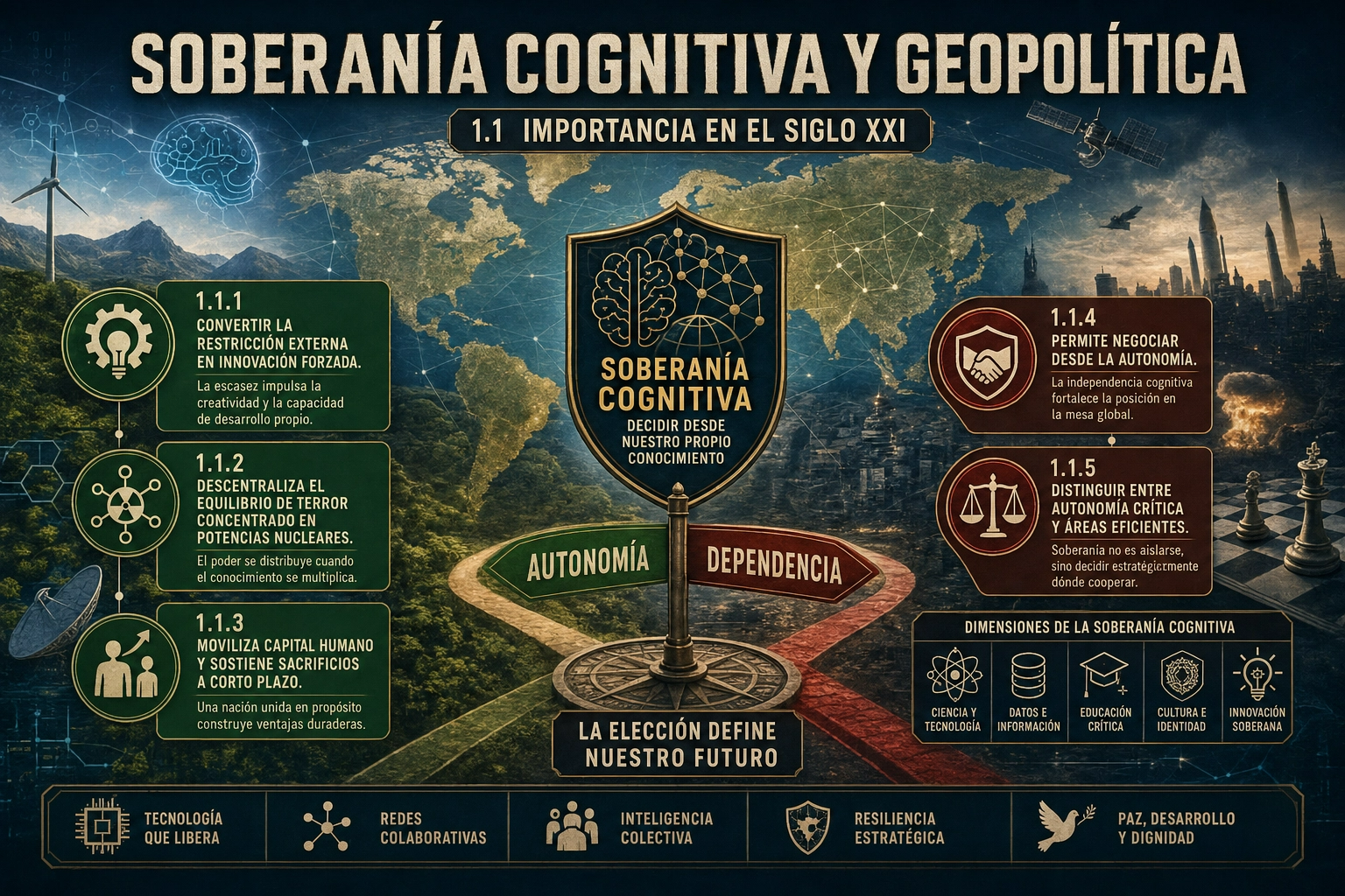Imagen que destaca la importancia de la soberanía cognitiva en la geopolítica del siglo XXI, en el ramo tecnológico, regional, productivo y estratégico.