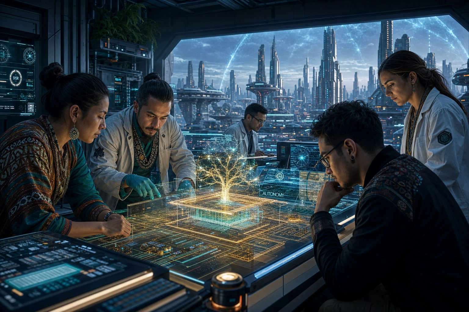 Imagen que presenta a un grupo de científicos árabes realizando diversas investigaciones tecnológicas.
