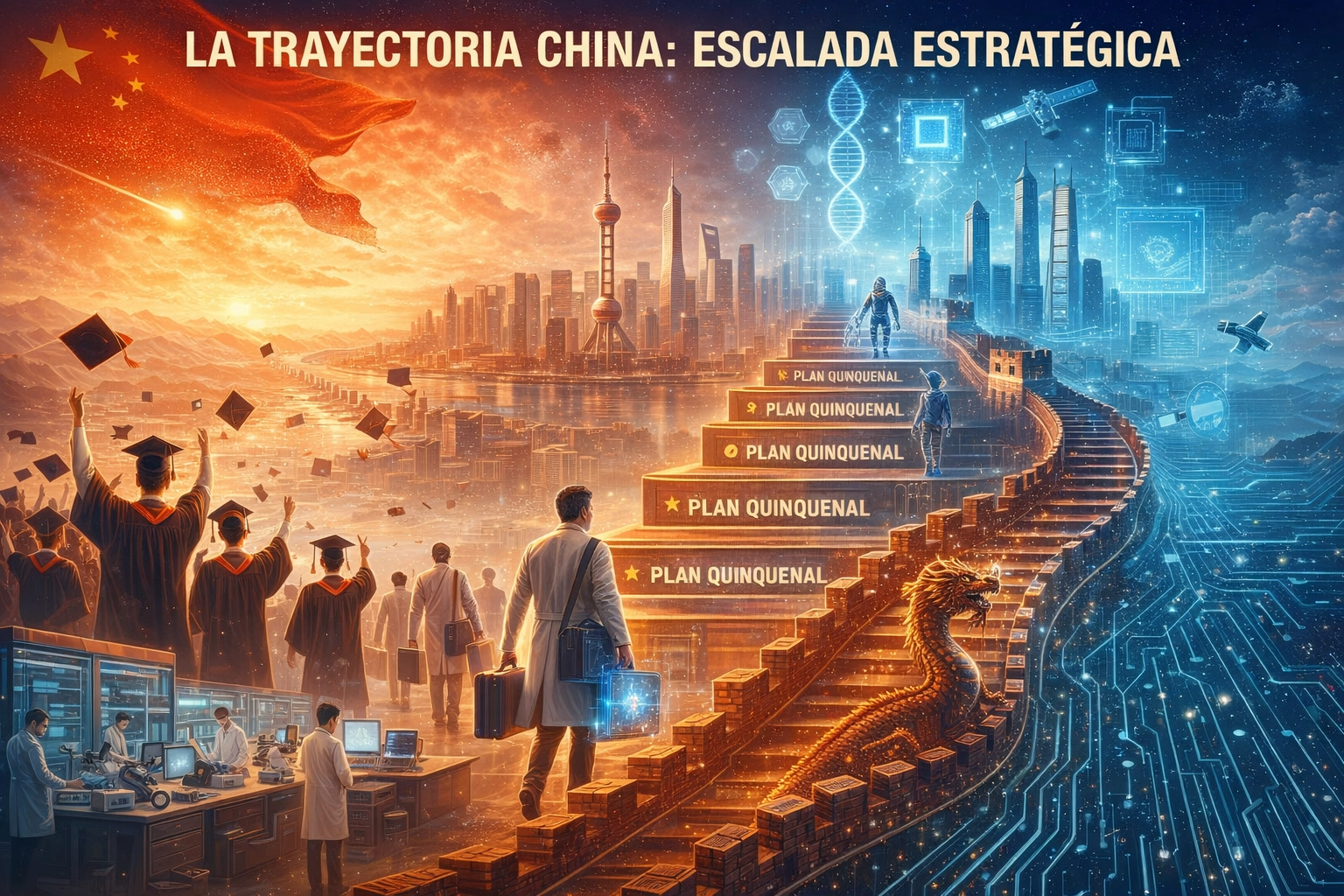 Imagen que ilustra cómo China ha planeado su ascenso en investigación y desarrollo tecnológico.
