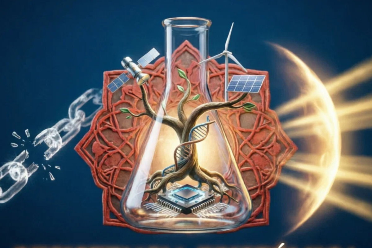 La imagen representa la resistencia epistémica en forma conceptual con un matraz, las raíces de un árbol, cadenas rotas y un dibujo persa.