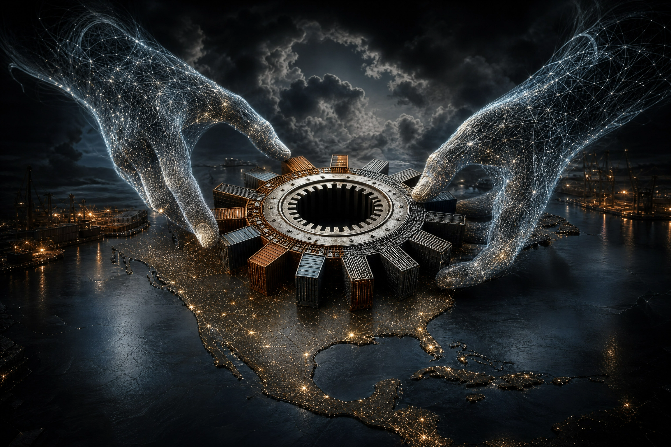 Engranaje de contenedores y circuitos sobre el mapa de Norteamérica, ajustado por manos de fibra óptica, simbolizando el comercio como poder estratégico en el T-MEC.