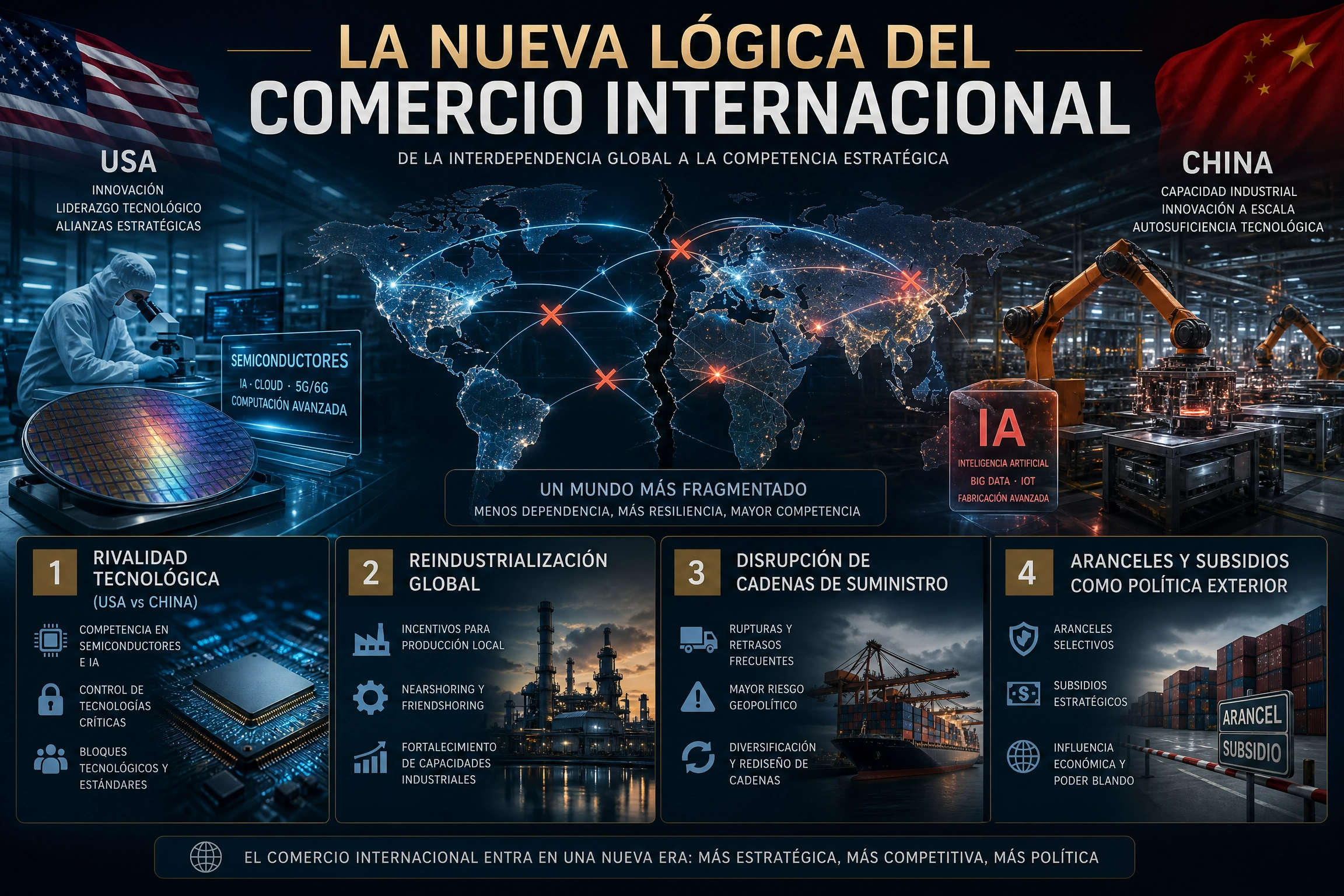 Infografía 3:2 sobre comercio internacional: muestra rivalidad tecnológica EE.UU.-China, reindustrialización, fallos en suministros y aranceles en un fondo futurista.