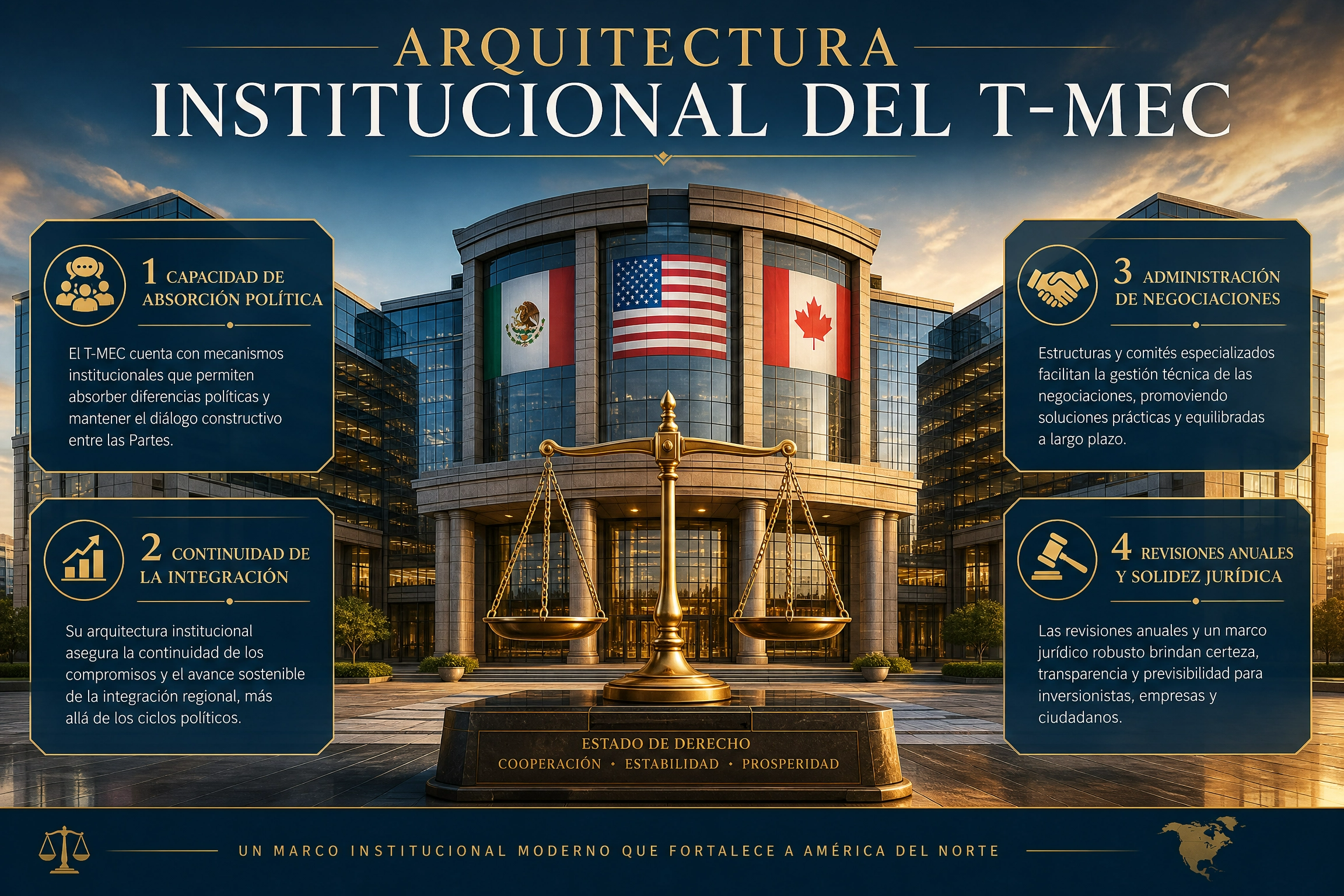 Infografía 3:2 sobre el T-MEC: destaca su arquitectura jurídica y estabilidad ante diferencias políticas. Fondo hiperrealista con banderas de socios y balanza de oro.